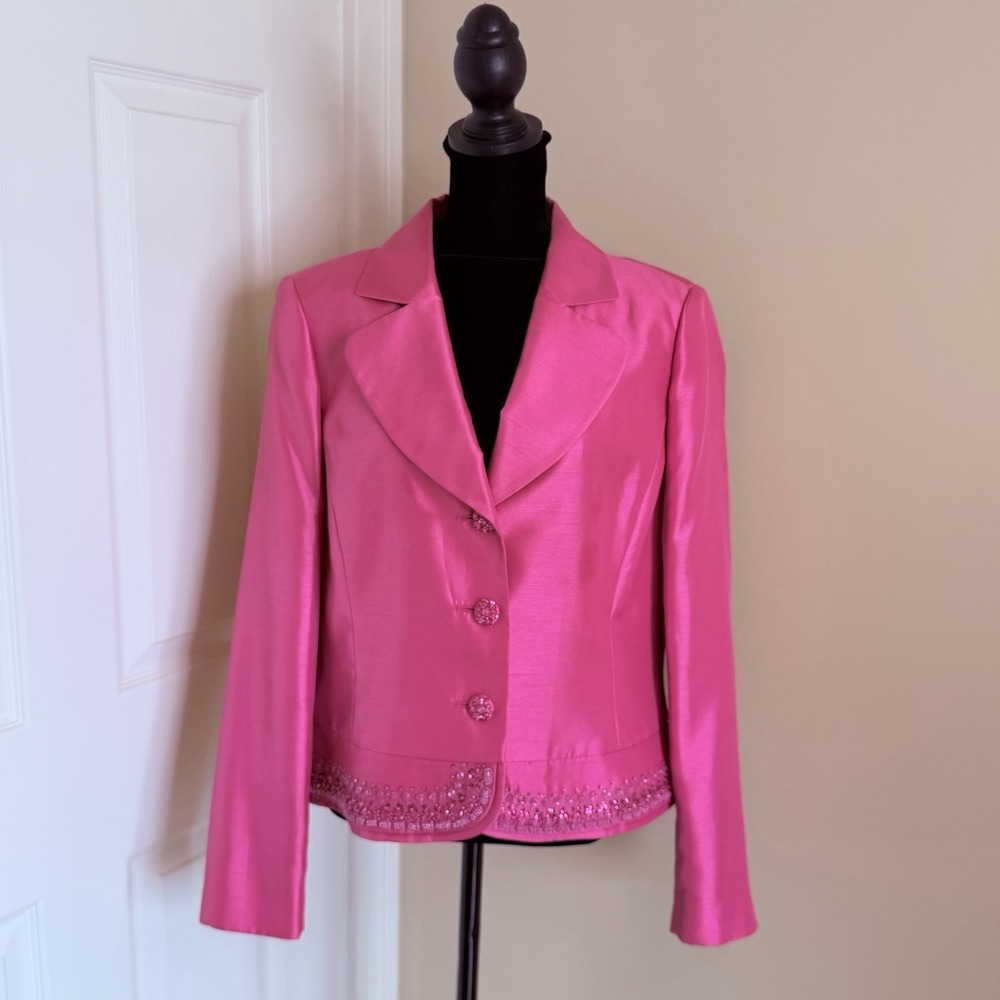Kasper VTG Womens Hot Pink Fuchsia Blazer Jacket Beaded Sz 12 Y2K Glam Festival